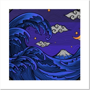 the great wave at night-engravings style Posters and Art